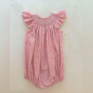 Classic Whimsy Pink Daisy Print Geometric Smocked Bubble — 3T